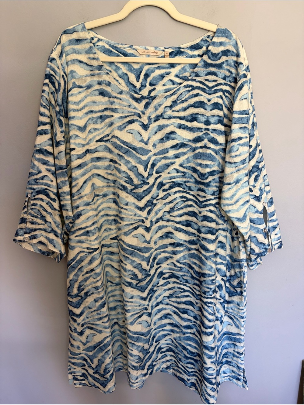 Soft Surroundings Kaftan Dress Women’s 2X Animal Print Casual Pockets Blue White
